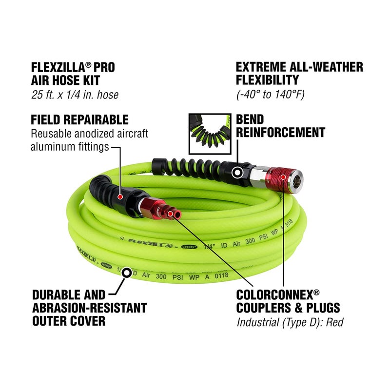 Flexzilla Pro Air Hose with ColorConnex Industrial Type D Coupler and Plug, 1/4 in. x 25 ft. - HFZP1425YW2-D - Image 3