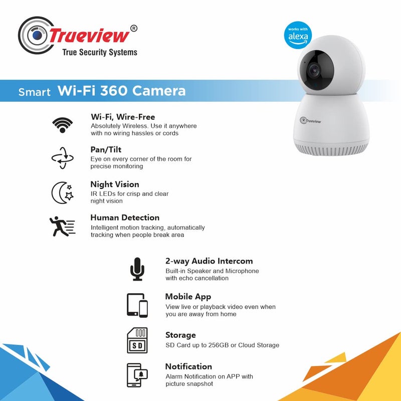 Trueview 3MP Smart CCTV Wifi Home Security Camera 360 View 2 Way Talk Cloud Monitor Detect Supports SD Card Up to 256 GB Night Vision Alexa Ok Google - Image 2