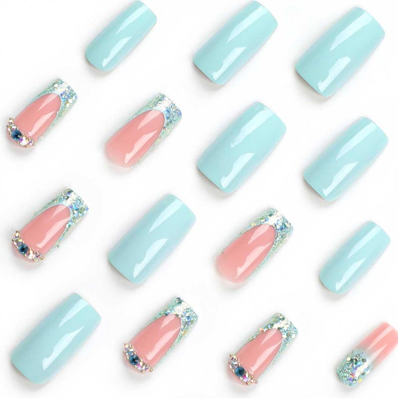 RikView French Tip Press on Nails Medium Fake Nails with Rhinestones Blue Nails Square Acrylic Nails for Women 24 PCs/Set - Image 2