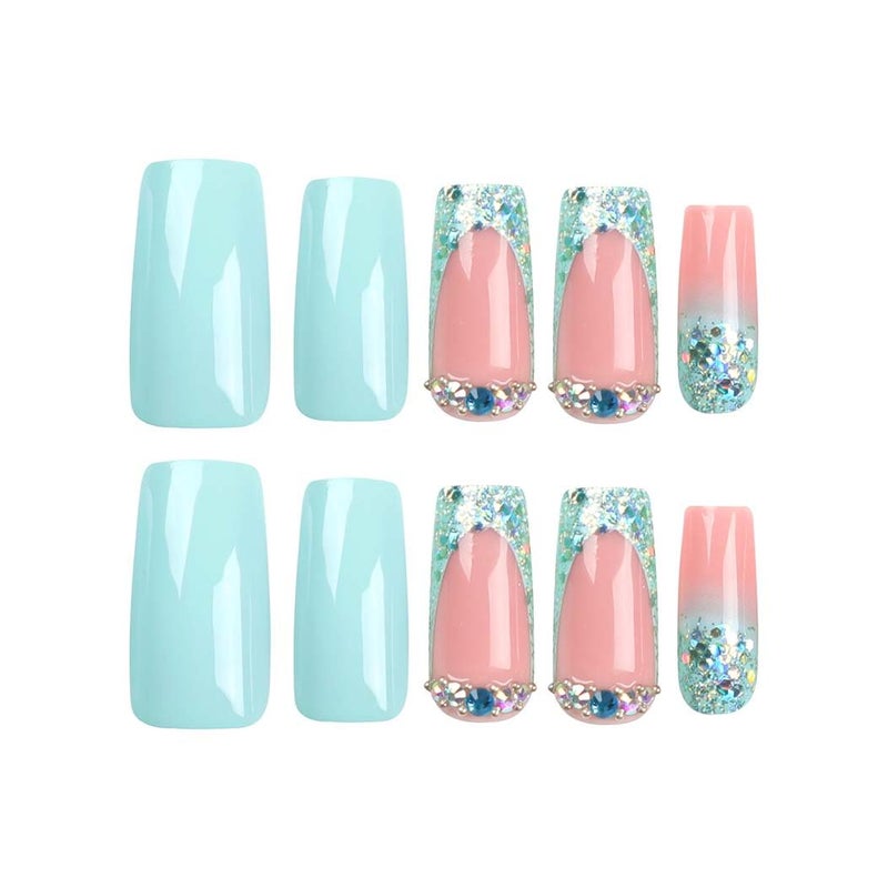 RikView French Tip Press on Nails Medium Fake Nails with Rhinestones Blue Nails Square Acrylic Nails for Women 24 PCs/Set - Image 3