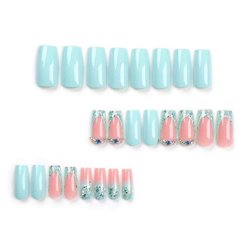 RikView French Tip Press on Nails Medium Fake Nails with Rhinestones Blue Nails Square Acrylic Nails for Women 24 PCs/Set - Image 4