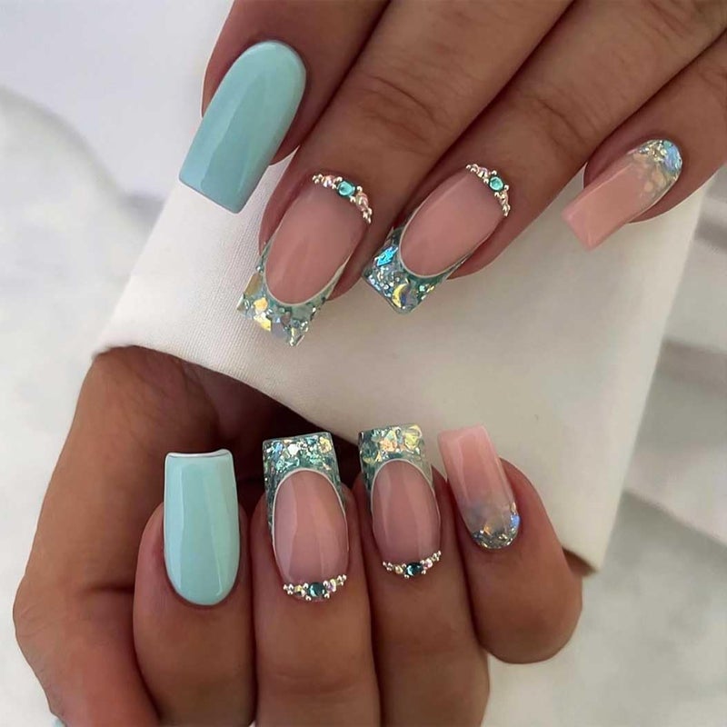 RikView French Tip Press on Nails Medium Fake Nails with Rhinestones Blue Nails Square Acrylic Nails for Women 24 PCs/Set - Image 1