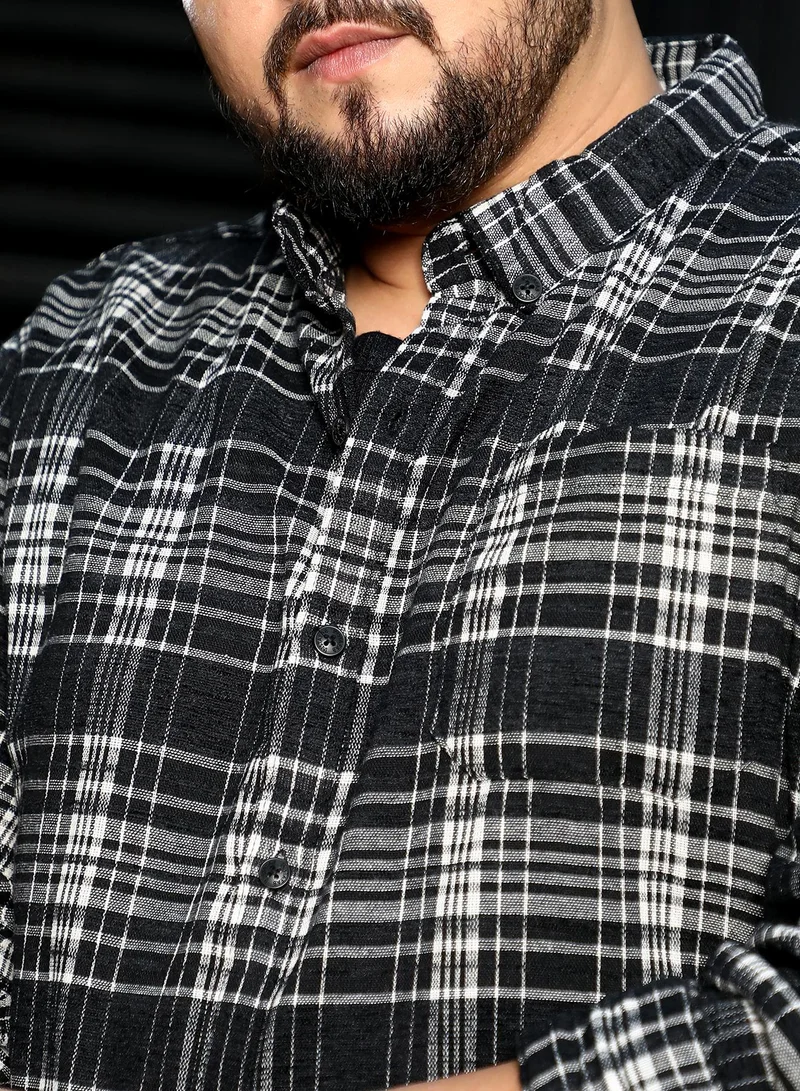Instafab Plus  Men Button-Down Static-Plaid Shirt | Button-Down Collar, Long Button-Cuff Sleeves | Button Closure, Curved Hem | Plaid Jacquard | Woven Fabric For Plus Size Casual & Daily Wear | Black for Men | Best Price UAE