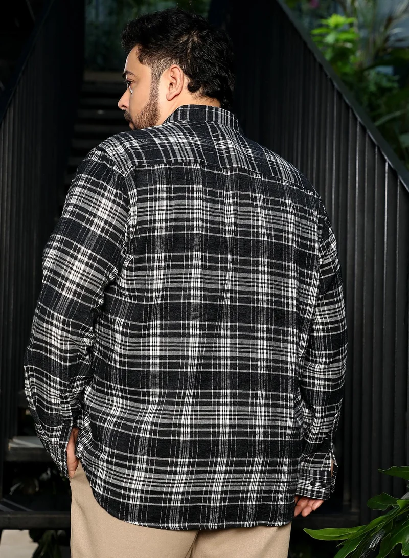 Instafab Plus  Men Button-Down Static-Plaid Shirt | Button-Down Collar, Long Button-Cuff Sleeves | Button Closure, Curved Hem | Plaid Jacquard | Woven Fabric For Plus Size Casual & Daily Wear | Black for Men | Best Price UAE