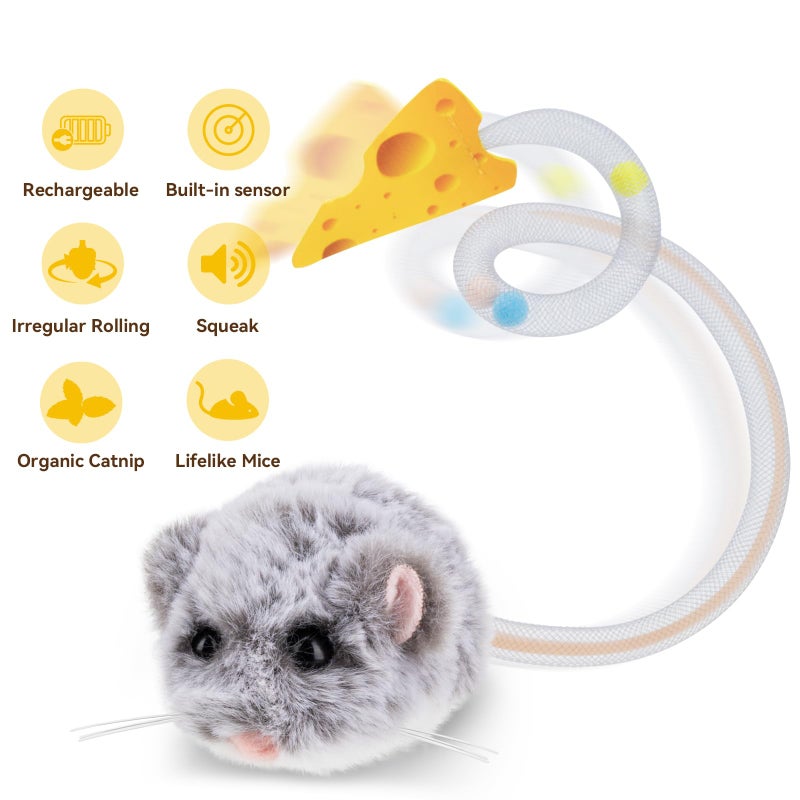 Migipaws Interactive MigiMouse Cat Toy 360Â° Rolling & Spin with Wiggling Tail for Indoor Cats Smart Motion Sensor, Realistic Squeak, Rechargeable Plush Kitten Toy(Grey Long) - Image 4