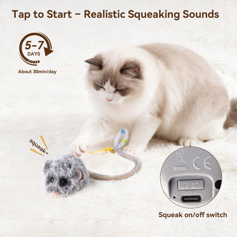 Migipaws Interactive MigiMouse Cat Toy 360Â° Rolling & Spin with Wiggling Tail for Indoor Cats Smart Motion Sensor, Realistic Squeak, Rechargeable Plush Kitten Toy(Grey Long) - Image 3