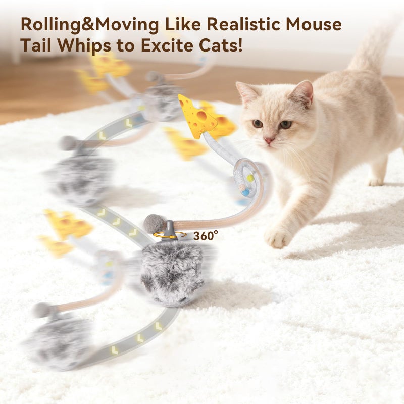 Migipaws Interactive MigiMouse Cat Toy 360Â° Rolling & Spin with Wiggling Tail for Indoor Cats Smart Motion Sensor, Realistic Squeak, Rechargeable Plush Kitten Toy(Grey Long) - Image 2