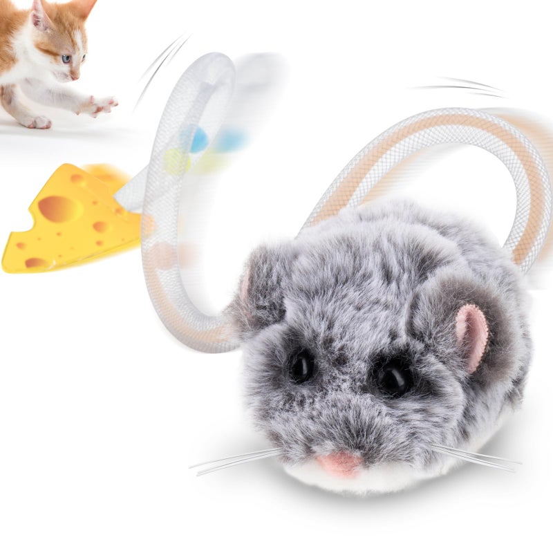 Migipaws Interactive MigiMouse Cat Toy 360Â° Rolling & Spin with Wiggling Tail for Indoor Cats Smart Motion Sensor, Realistic Squeak, Rechargeable Plush Kitten Toy(Grey Long) - Image 1