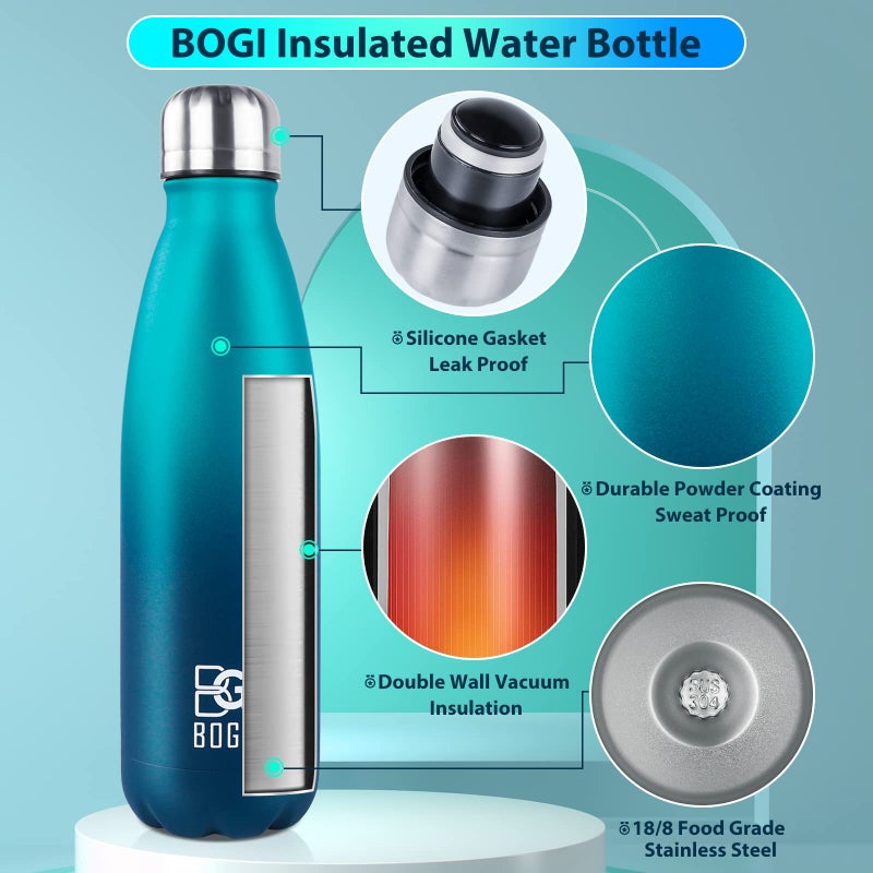 BOGI Insulated Water Bottle  17oz Stainless Steel Water Bottles  Leak Proof Sports Metal Water Bottles Keep Cold for 24 Hours and Hot for 12 Hours BPA Free kids water bottle for School (Blue DBlue) - Image 3