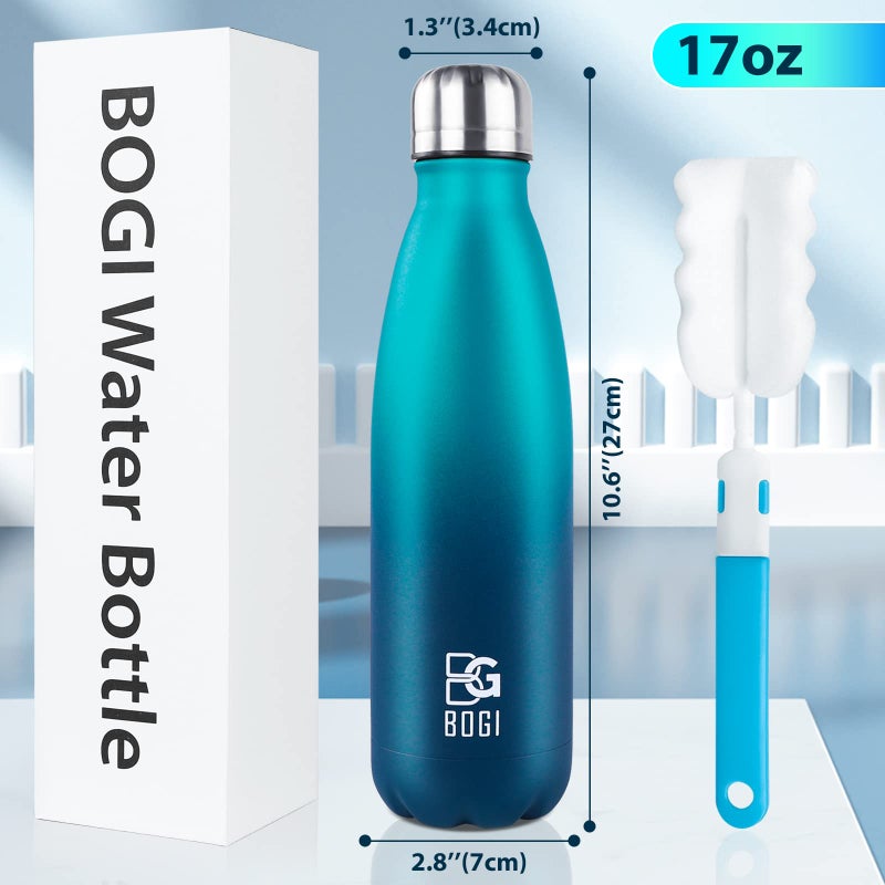 BOGI Insulated Water Bottle  17oz Stainless Steel Water Bottles  Leak Proof Sports Metal Water Bottles Keep Cold for 24 Hours and Hot for 12 Hours BPA Free kids water bottle for School (Blue DBlue) - Image 2