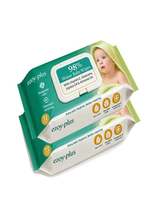 Ezoy-plus Baby Wipes, 144 Count, 98% Water-Based with Vitamin E, Aloe Vera and Natural Oils, Pack of 2