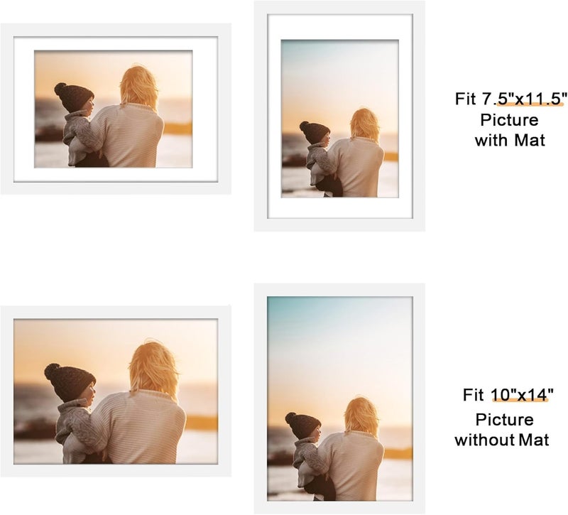 Picrit 10x14 Picture Frame Set of 12, Display 8x12 with Mat or 10x14 Without Mat, Photo Frames for Wall Mounting or Table Top Display, White - Image 2