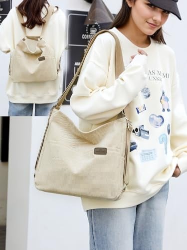 RUNSOON Corduroy Tote Bag for Women Convertible Backpack Purse Crossbody Hobo Shoulder Bag with Multi Pockets Compartments, Beige - Image 2
