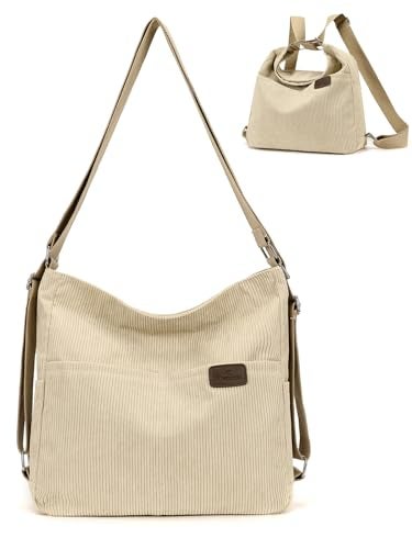 RUNSOON Corduroy Tote Bag for Women Convertible Backpack Purse Crossbody Hobo Shoulder Bag with Multi Pockets Compartments, Beige - Image 1