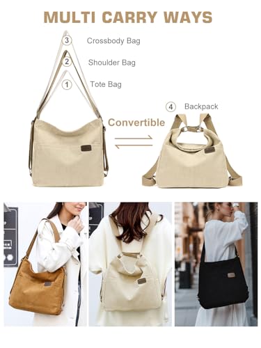 RUNSOON Corduroy Tote Bag for Women Convertible Backpack Purse Crossbody Hobo Shoulder Bag with Multi Pockets Compartments, Beige - Image 5