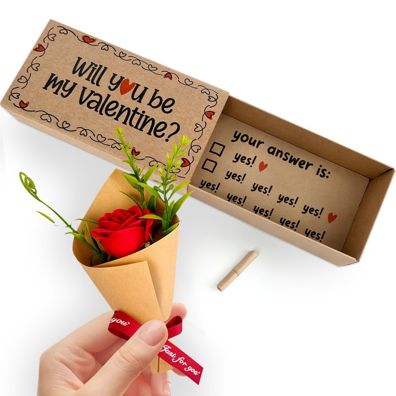 Qumic Will You Be My Valentine Card - Handmade Cute Love Card Matchbox With Mini Rose  Surprise Gift  Anniversary Or Valentines Day Gift For Her  Him  Wife  Husband  Or Girlfriend  Boyfriend  Couples - Image 1