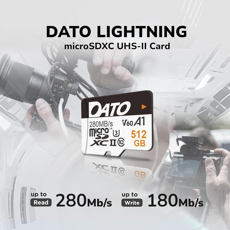 DATO 512GB Lightning microSD Card, UHS-II, A1, C10, U3, V60, Full HD, 4K, Up to 280/180 MB/s microSDXC Memory Card with Adapter, for Phones, Cameras, Portable Gaming Devices - Image 2
