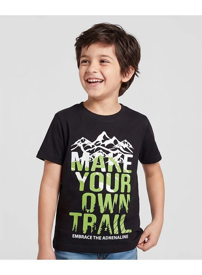 Pine Kids Pine Kids Cotton Knit Half Sleeves T-Shirt with Text Print - Black