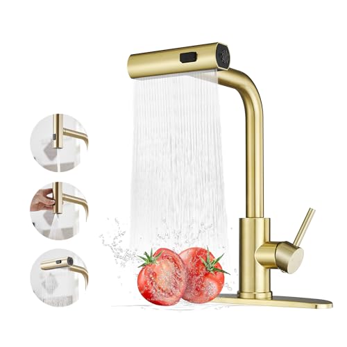 JOOM Gold Kitchen Faucets with Pull Down Sprayer,Waterfall Kitchen Sink Faucet,Commercial Utility Stainless Steel Kitchen Faucets,Single Handle Kitchen Sink Faucet with Pull Down Sprayer for 3 Function - Image 1