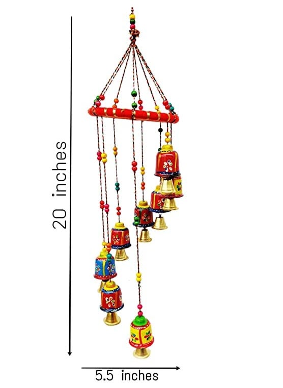 ADITYA IMPEX ADITYA IMPEX Handicraft Rajasthani Wooden Colored Bells Desing Decorative showpice Wind Chimes for Home Balcony Garden Positive Energy Home Decor Hanging Long Bells 7 Bells Multiicolour  - Image 3