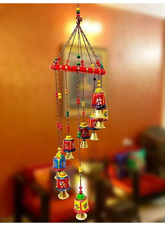 ADITYA IMPEX ADITYA IMPEX Handicraft Rajasthani Wooden Colored Bells Desing Decorative showpice Wind Chimes for Home Balcony Garden Positive Energy Home Decor Hanging Long Bells 7 Bells Multiicolour  - Image 2