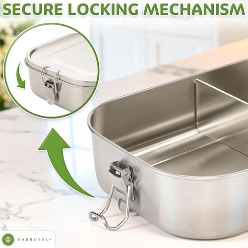 Everusely - Bento Box - Stainless Steel Lunch Box for Adults - 40 oz, 1.2 L - 3 Compartment Snack Container with Removable Silicone Seal + Secure Lock Clips - Non Plastic, Leakproof, Dishwasher Safe - Image 5