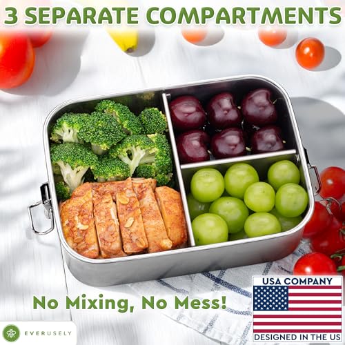 Everusely - Bento Box - Stainless Steel Lunch Box for Adults - 40 oz, 1.2 L - 3 Compartment Snack Container with Removable Silicone Seal + Secure Lock Clips - Non Plastic, Leakproof, Dishwasher Safe - Image 2