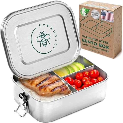 Everusely - Bento Box - Stainless Steel Lunch Box for Adults - 40 oz, 1.2 L - 3 Compartment Snack Container with Removable Silicone Seal + Secure Lock Clips - Non Plastic, Leakproof, Dishwasher Safe - Image 1
