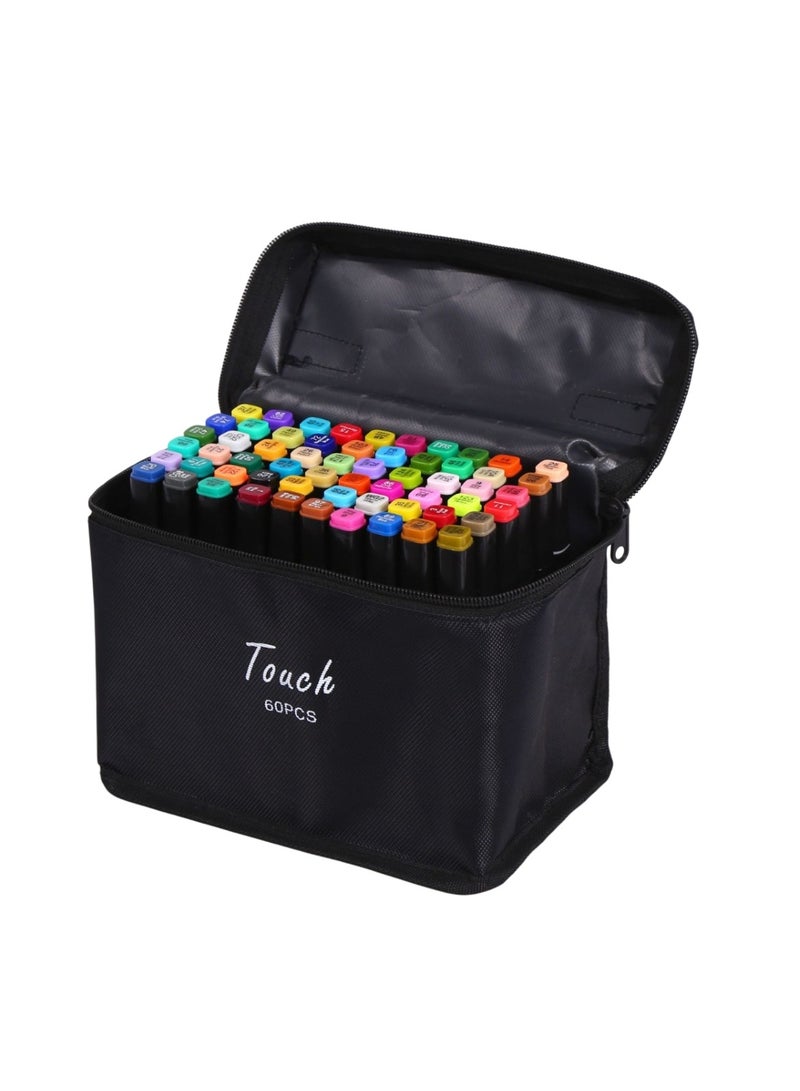 Touch 60pcs Dual Tip Markers Set, Assorted Colors Stylish Black Body with Black Cloth Bag - Image 1