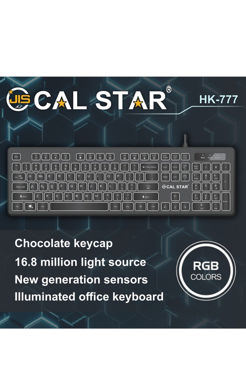 CAL STAR HK-777 Wired Gaming Keyboard with Gaming Mouse Pad - Illuminated Keyboard, 12 Multi-Media Keys, White LED Backlit, Chocolate Keycaps, Advanced Sensors, Durable Design for Office, Home-PC/Mac/Laptop Compatible, 16.8M Light Source and Multimedia Controls - Image 3