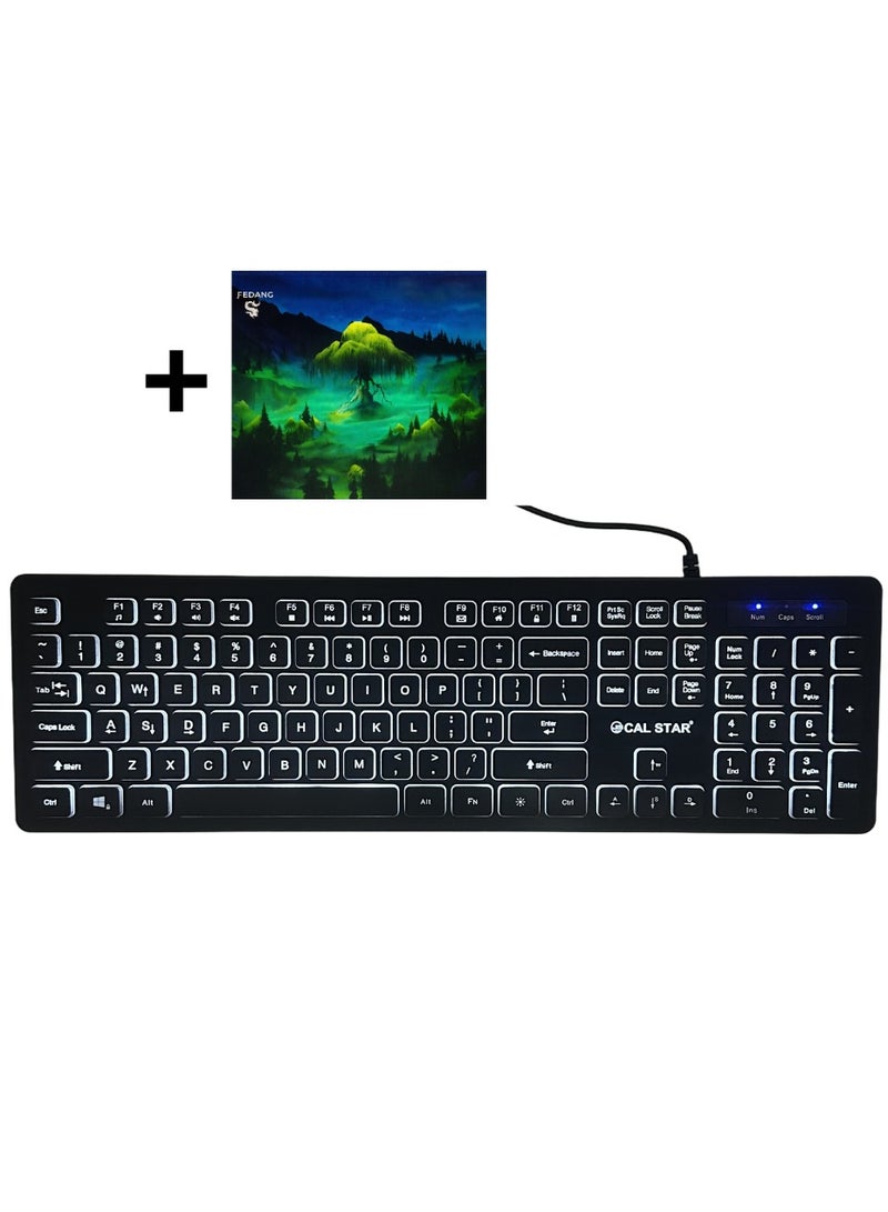CAL STAR HK-777 Wired Gaming Keyboard with Gaming Mouse Pad - Illuminated Keyboard, 12 Multi-Media Keys, White LED Backlit, Chocolate Keycaps, Advanced Sensors, Durable Design for Office, Home-PC/Mac/Laptop Compatible, 16.8M Light Source and Multimedia Controls - Image 1