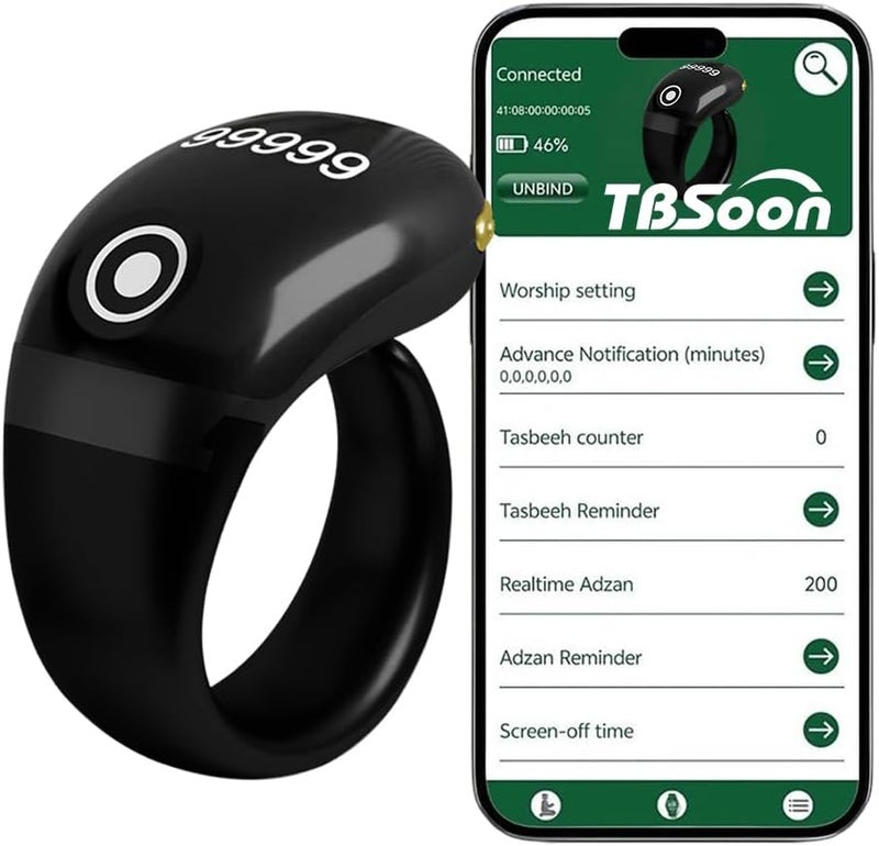 TBSoon Lightweight Tasbih Smart Ring, Tasbeeh Counters,Prayer Direction Indicator Guide,5 Azan Alarm Clock,Forgiveness,Electronic Rosary,Eid al-Fitr Eid al-Adha Ramadan Gift for men women-Black Pro with APP - Image 1