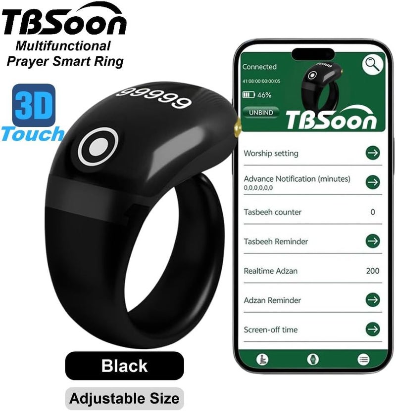 TBSoon Lightweight Tasbih Smart Ring, Tasbeeh Counters,Prayer Direction Indicator Guide,5 Azan Alarm Clock,Forgiveness,Electronic Rosary,Eid al-Fitr Eid al-Adha Ramadan Gift for men women-Black Pro with APP - Image 2