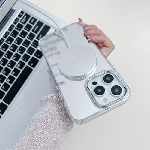 Rnrieyta Miagon Mirror Magnetic Case for iPhone 17 Pro MaxCover Compatible with Magsafe Makeup Mirror Effect Bright Reflection Plating Bumper Back Rubber Phone Case Silver - Image 3