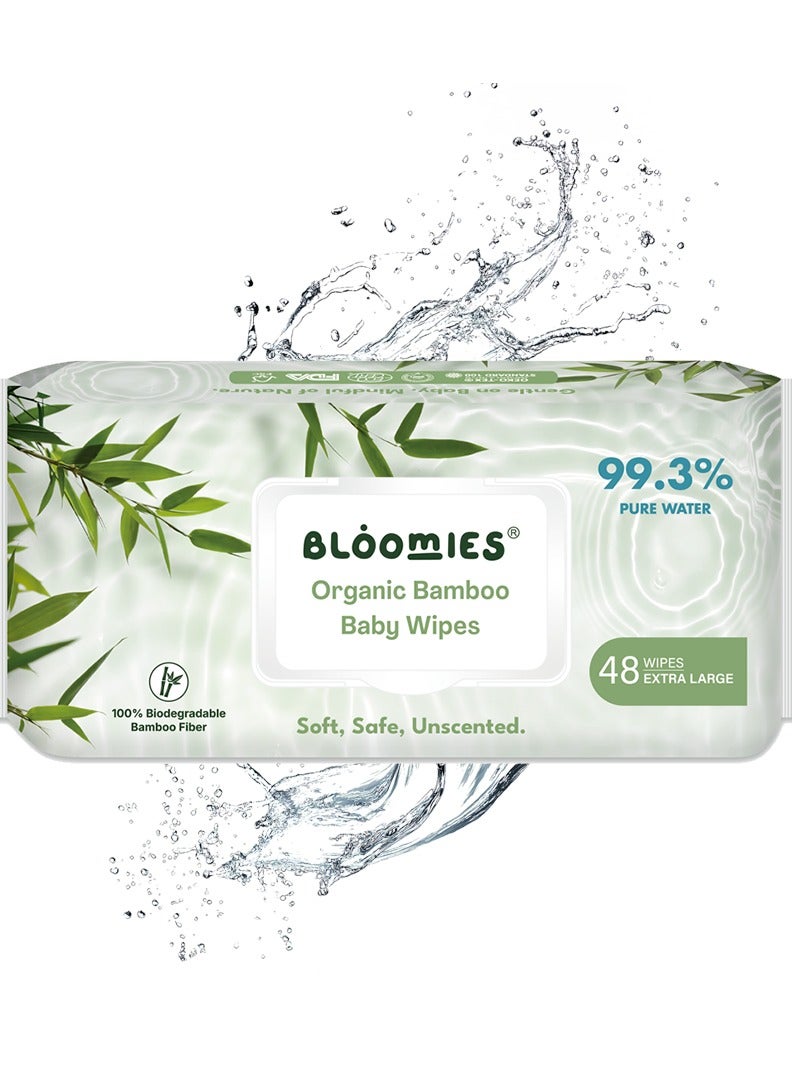 Bloomies Organic Bamboo Baby Wet Wipes, 99.3% Pure Water Wipes, Unscented, Extra Large, Eco-friendly, Soft, 100% Biodegradable Bamboo Fiber, Pack of 48 Wipes - Image 1