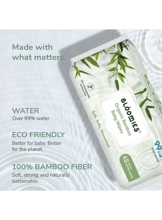 Bloomies Organic Bamboo Baby Wet Wipes, 99.3% Pure Water Wipes, Unscented, Extra Large, Eco-friendly, Soft, 100% Biodegradable Bamboo Fiber, Pack of 48 Wipes - Image 2