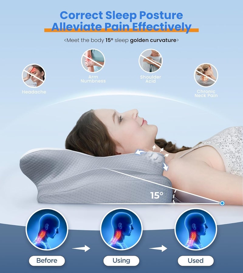 MclleHome Memory Foam Cervical Pillow for Neck Pain Relief - Ergonomic Contour Support with Washable Cover (Grey) - Image 2