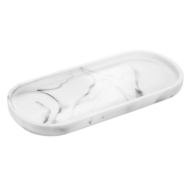 Luxspire Bathroom Vanity Tray, Oval Soap Dispenser Tray, 10" Marble Kitchen Counter Trays, Resin Bathroom Tray for Counter, Toilet Tank Tray, Trinket Tray for Perfume Jewelry, Small, Marble White - Image 1
