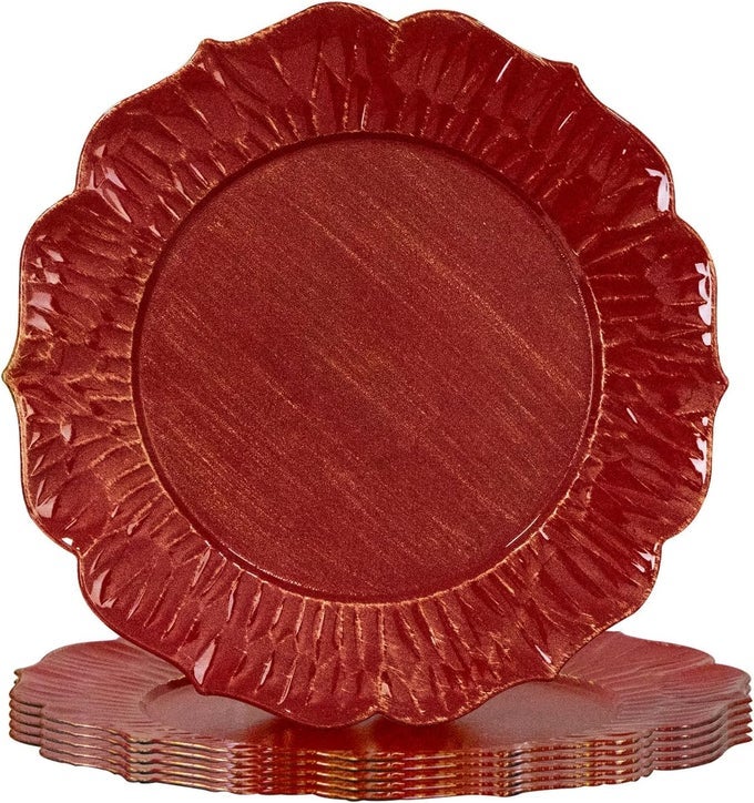 13 CHARGER PLATES SET OF 6 SCALLOP PLATE CHARGERS WITH GOLD RIM ROUND CHARGERS FOR DINNER PLATES PLASTIC TABLE CHARGERS FOR WEDDING DECOR RED AND GOLD
