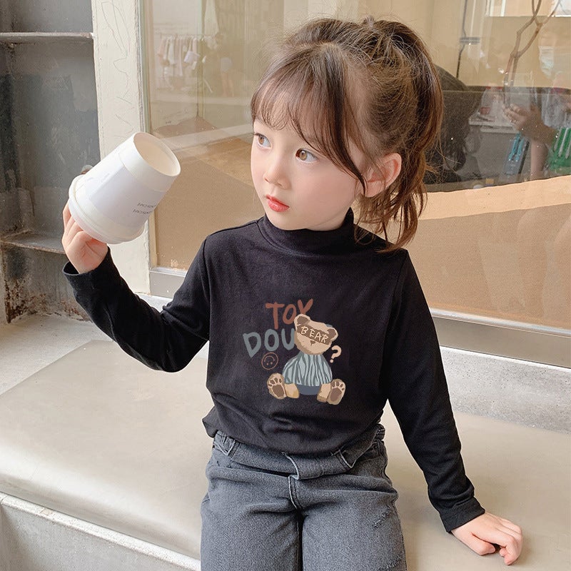 Girls' Semi-High Collar Velvet Casual Long-Sleeved T-Shirt Autumn New Arrival Medium And Large Children'S Wear Cartoon Printed Western Style Girls' Trendy T-Shirt - Image 1