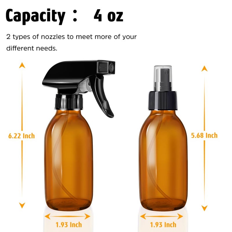 Tecohouse Glass Spray Bottles 4 OZ, Amber Empty Spray Bottle for Essential Oils, Small Glass Bottles for Cleaning Solutions, Plants, with Durable Nozzle, Labels, Funnel, Pipettes - Image 4