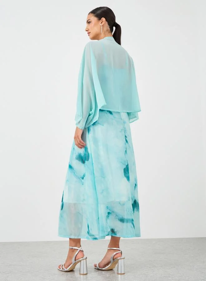 Take Two Take Two Dye Print Open Front Tassel Detail Kimono with Midi Dress Set