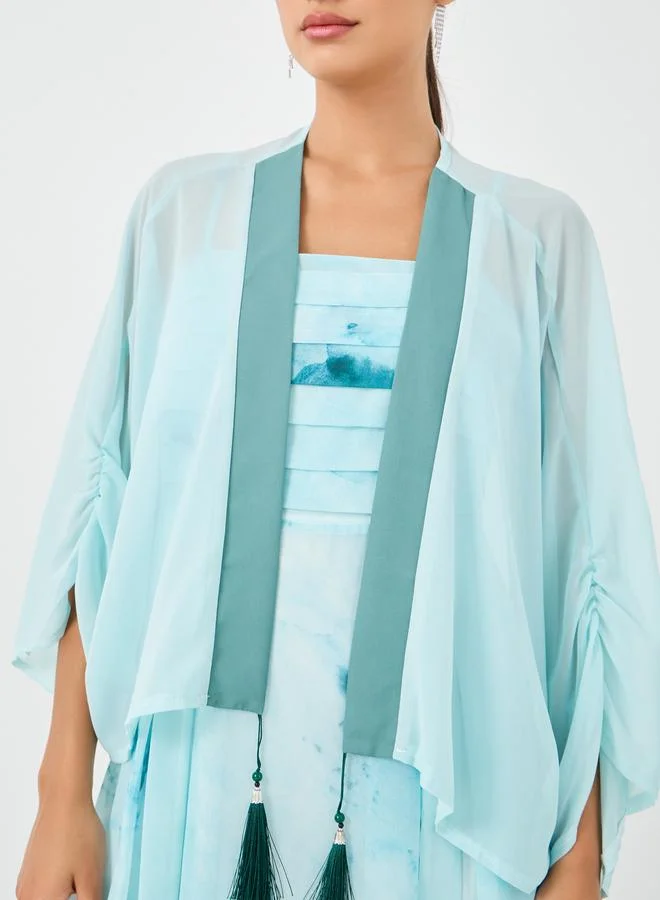 Take Two Take Two Dye Print Open Front Tassel Detail Kimono with Midi Dress Set