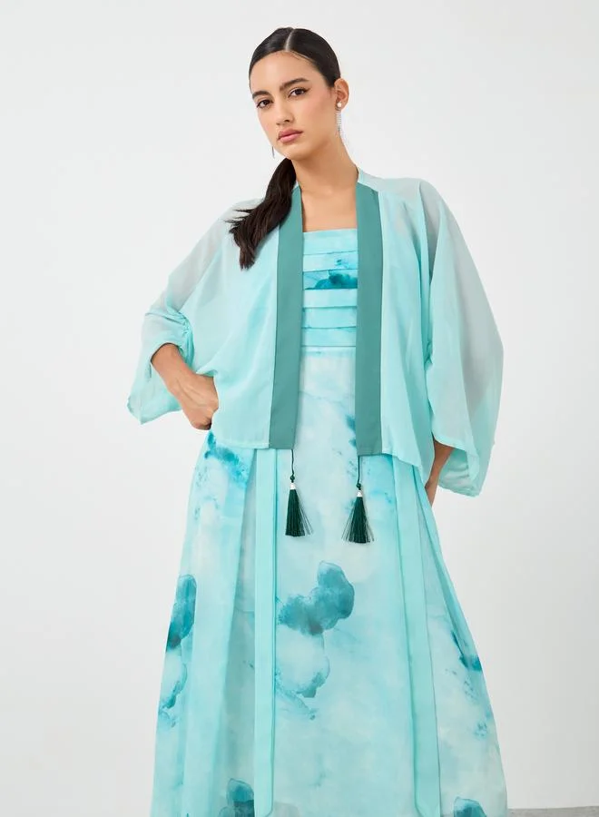 Take Two Take Two Dye Print Open Front Tassel Detail Kimono with Midi Dress Set