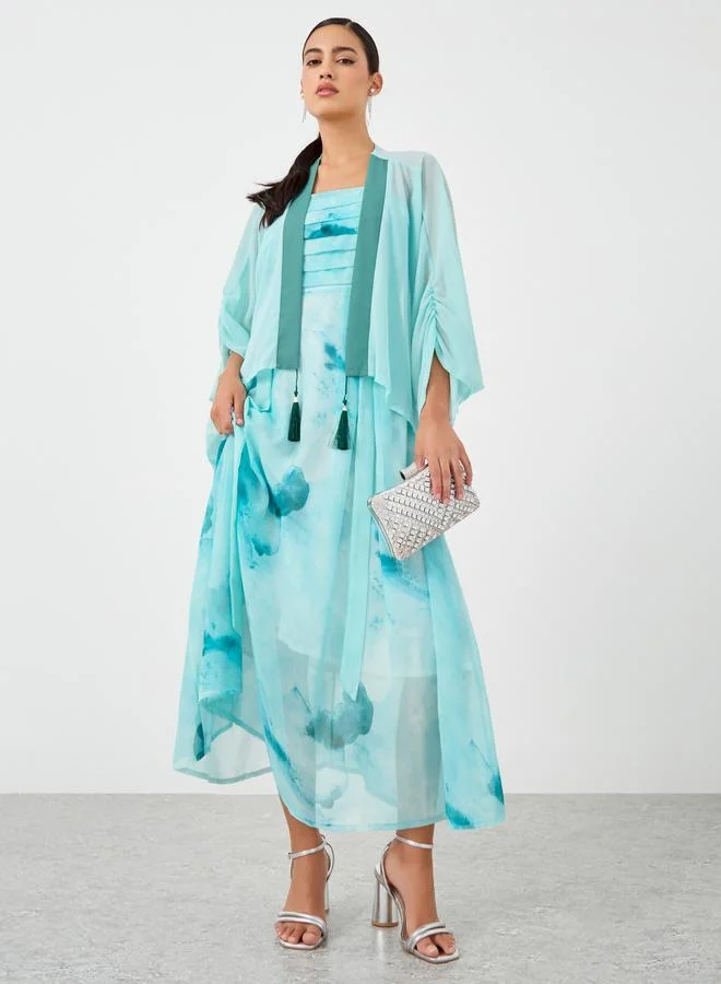 Take Two Take Two Dye Print Open Front Tassel Detail Kimono with Midi Dress Set