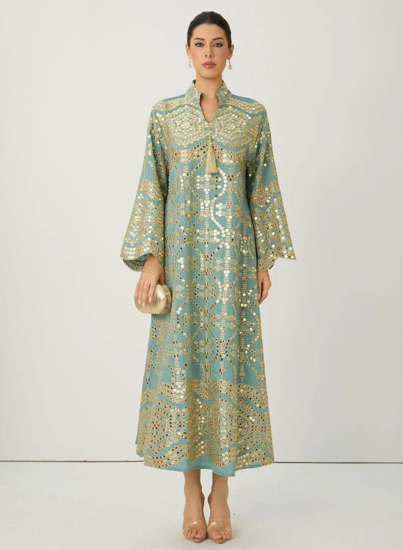 Sunfere Easily Gorgeous Green Sequin Embroidered Long Sleeve Maxi Kaftan