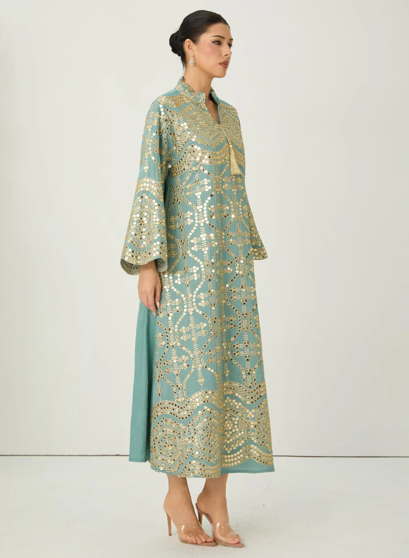 Sunfere Easily Gorgeous Green Sequin Embroidered Long Sleeve Maxi Kaftan