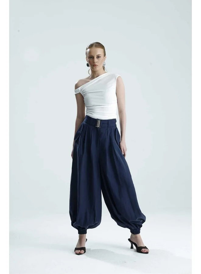 GACACOLLECTION BONITA High Waist Elastic Pocketed Harem Pants Indigo Trousers.