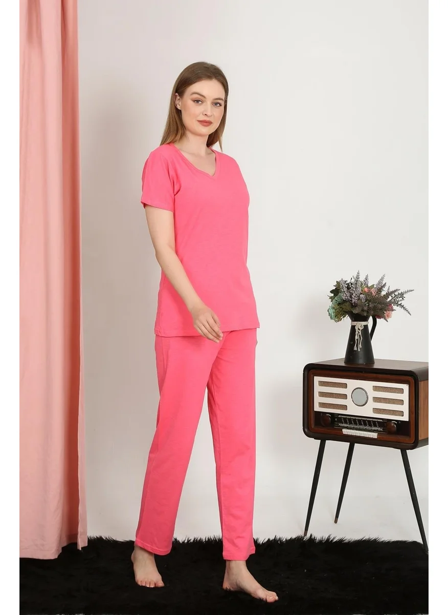 اكبينيز Women's Short Sleeve Cotton Combed Pajama Set Fuchsia 4213