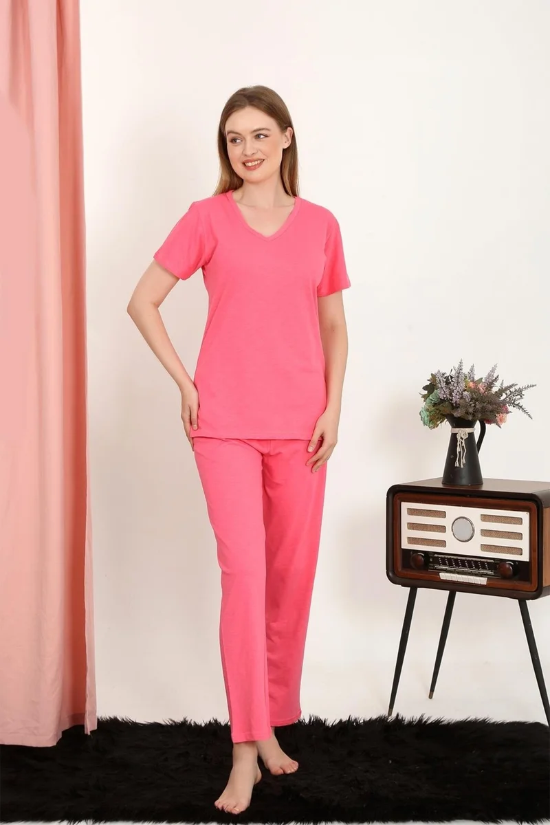 Akbeniz Women's Short Sleeve Cotton Combed Pajama Set Fuchsia 4213